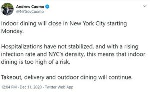 Indoor dining to close in NYC once more likely dealing final blow to many popular bars and hotspots