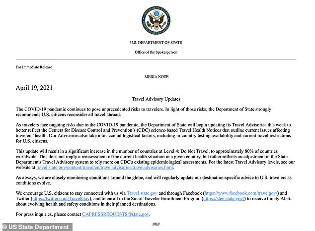 America is preparing to once again issue a Level 4 travel warning amid global COVID-19 cases rising